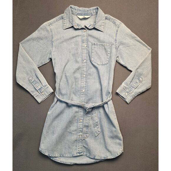 H&M Women Medium Shirt Dress Blue Jean Denim Belt Pearl Snap Long Sleeve - Picture 1 of 7